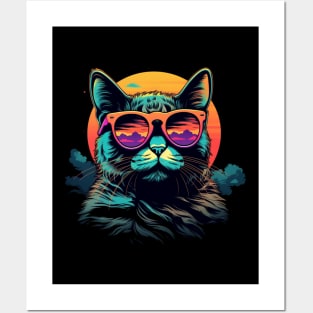 Retro Wave Chartreux Cat Shirt Posters and Art